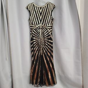 Fundaisy Sz M Black Gold Sequins Beaded Low Back Gatsby Flapper Formal Maxi Gown